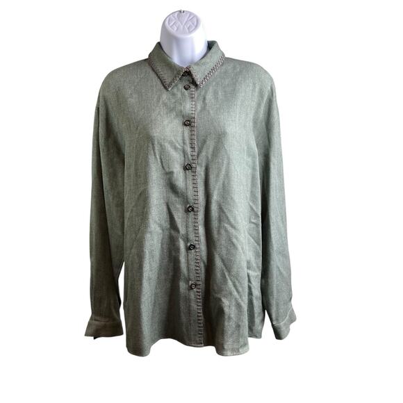 Vintage Tina Hagen Green Wool Blend Button‎ Up Top Size L Lagenlook Scandi - Picture 1 of 10
